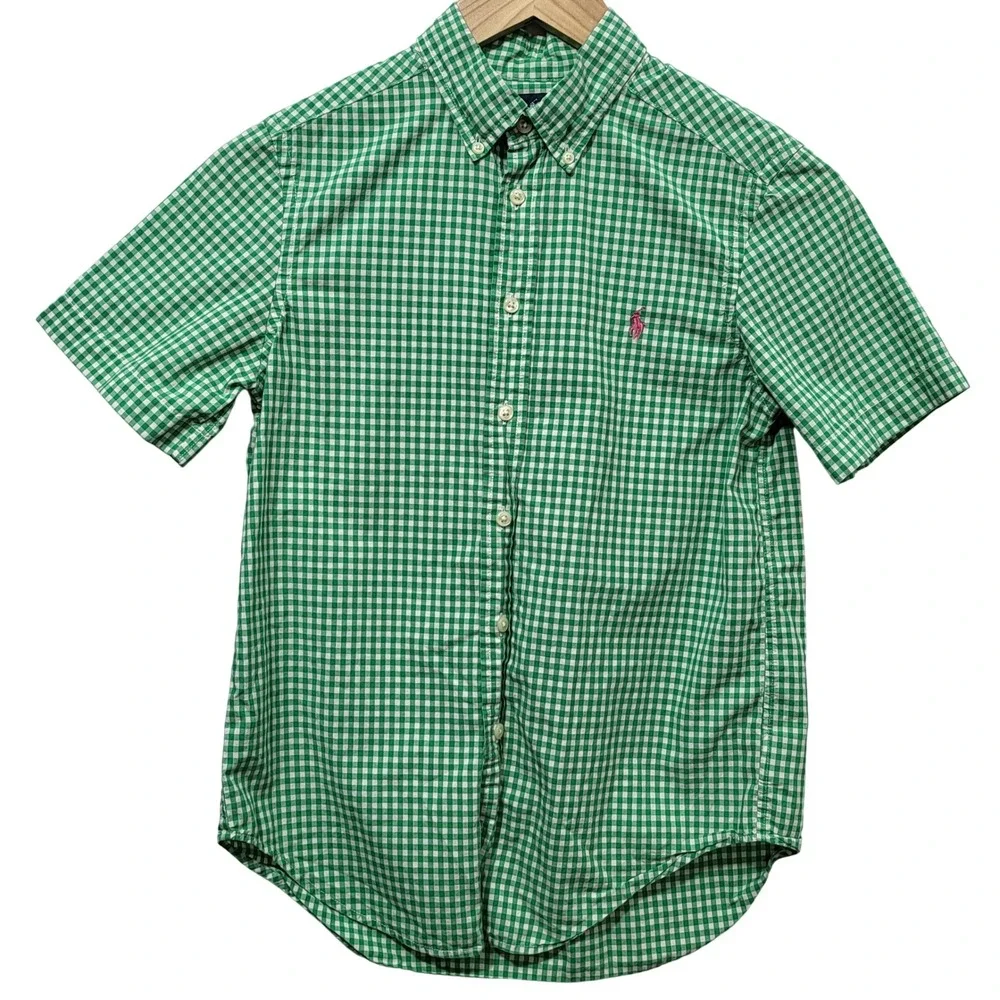 Ralph Lauren Kids Green Gingham Short Sleeve Button Down Shirt Size M 10-12